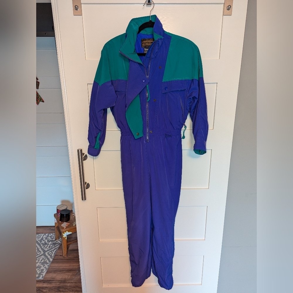 Vintage Eddie Bauer turquoise and purple one piece Snowsuit size 8 petite.